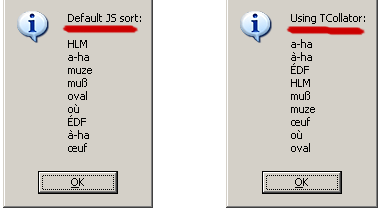 Alphabetical sort: default JS (left), using TCollator (right)