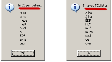 Tri lexicographique : à gauche, tri JS par défaut ; à droite, tri via TCollator.