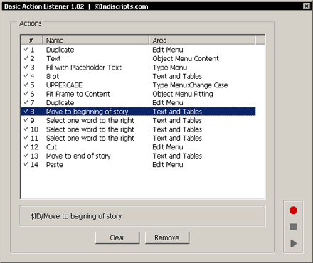 User Interface of the Action Listener for InDesign CS4/CS5.