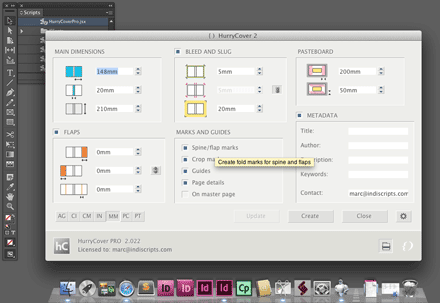 Typical look-and-feel of HurryCover 2.022 in InDesign CC (Mac OS Lion, English locale).