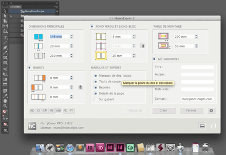 Interface typique de HurryCover 2.022 dans InDesign CC (Mac OS Lion, localisation en français).