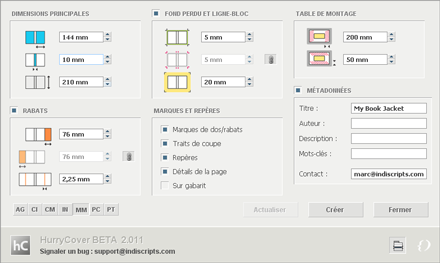Interface utilisateur de HurryCover 2 (InDesign CS4 à CS6). Également localisée en anglais et en allemand.