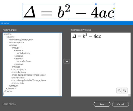 The current version of the Math Expressions editor is really basic: dumb XML input, no intelligible feedback on syntax errors, no shortcuts for favorite expressions or other convenient editing functions.
