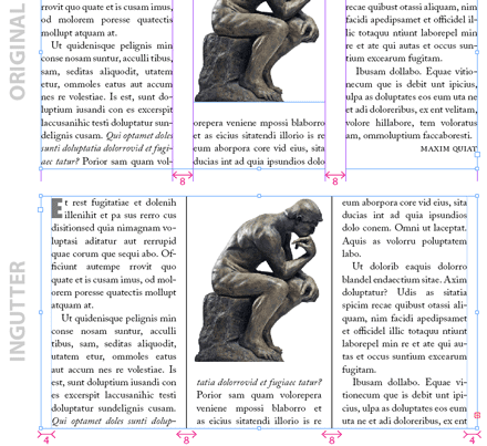 When we tell InGutter to use the original gutter width (8 mm) rather than the corrected value (5.333 mm), the column width is reduced in order to make room to the inset spacing (left: 4 + right:4).