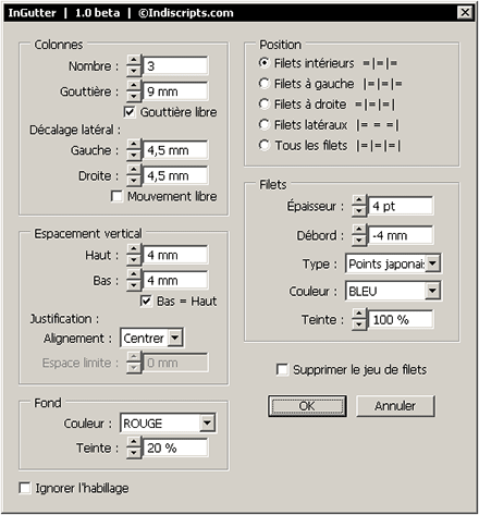 Interface française du script InGutter sous Windows.