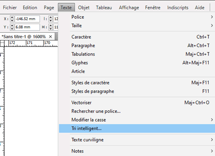 La fonction « Tri intelligent… » apparaît parmi les menus d'InDesign.