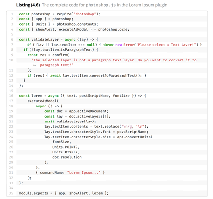 Aerial photo of a UXP plugin code offered in the book (listing 4.6). Aerial photo of a UXP plugin code offered in the book (listing 4.6).