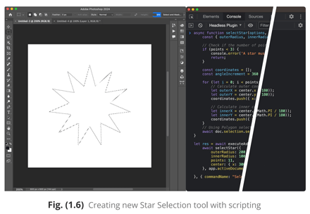 Partial view of an UXP script that reshapes the selection as a star. Partial view of an UXP script that reshapes the selection as a star.