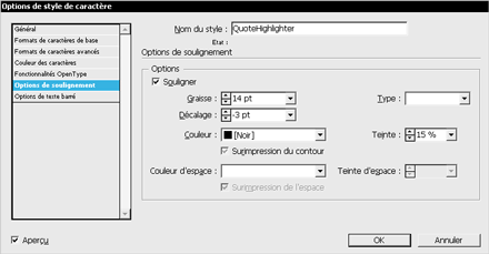 Exemple de paramétrage d'un style surligneur en gris (Noir 15 %), doté d'une épaisseur de 14 pt.