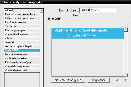 Motif de capture des régions entre guillemets, via un style Grep.
