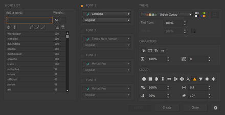 Wordalizer's main dialog (screenshot from InDesign CC, dark skin.)