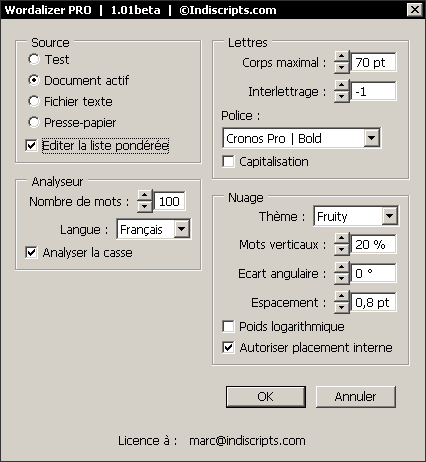 Boîte de dialogue de Wordalizer (Windows).