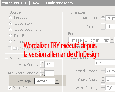 Wordalizer TRY tel qu'il s'exécute dans une version allemande d'InDesign.